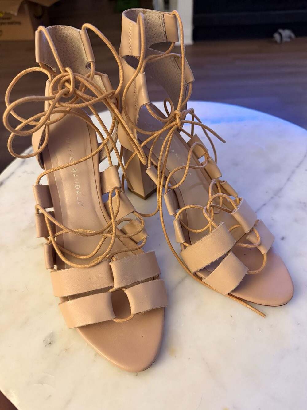 Loeffler Randall Nude Leather Lace-Up Block Heel Gladiator Sandals
